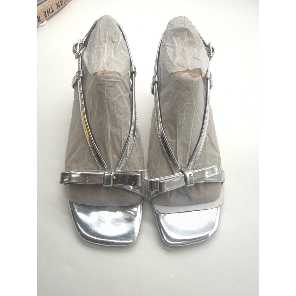 Marc Fisher Danzy Metallic Silver Bow Slingback Sandals Square Toe Heel 6.5M